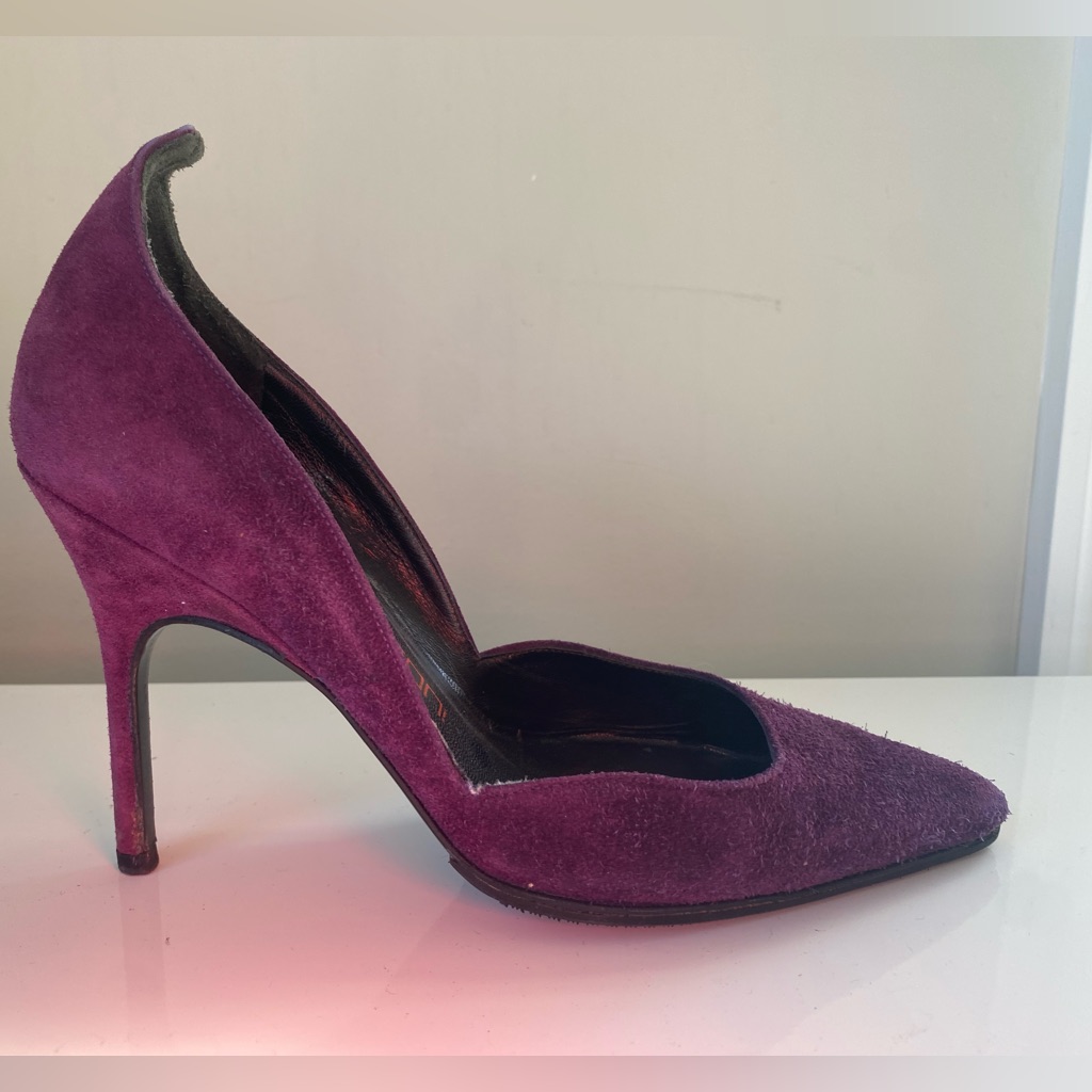 $650 Bruno Frisoni Eggplant Purple Suede Pumps Heels Size 35 1/2 Eu 5 1/2 Us